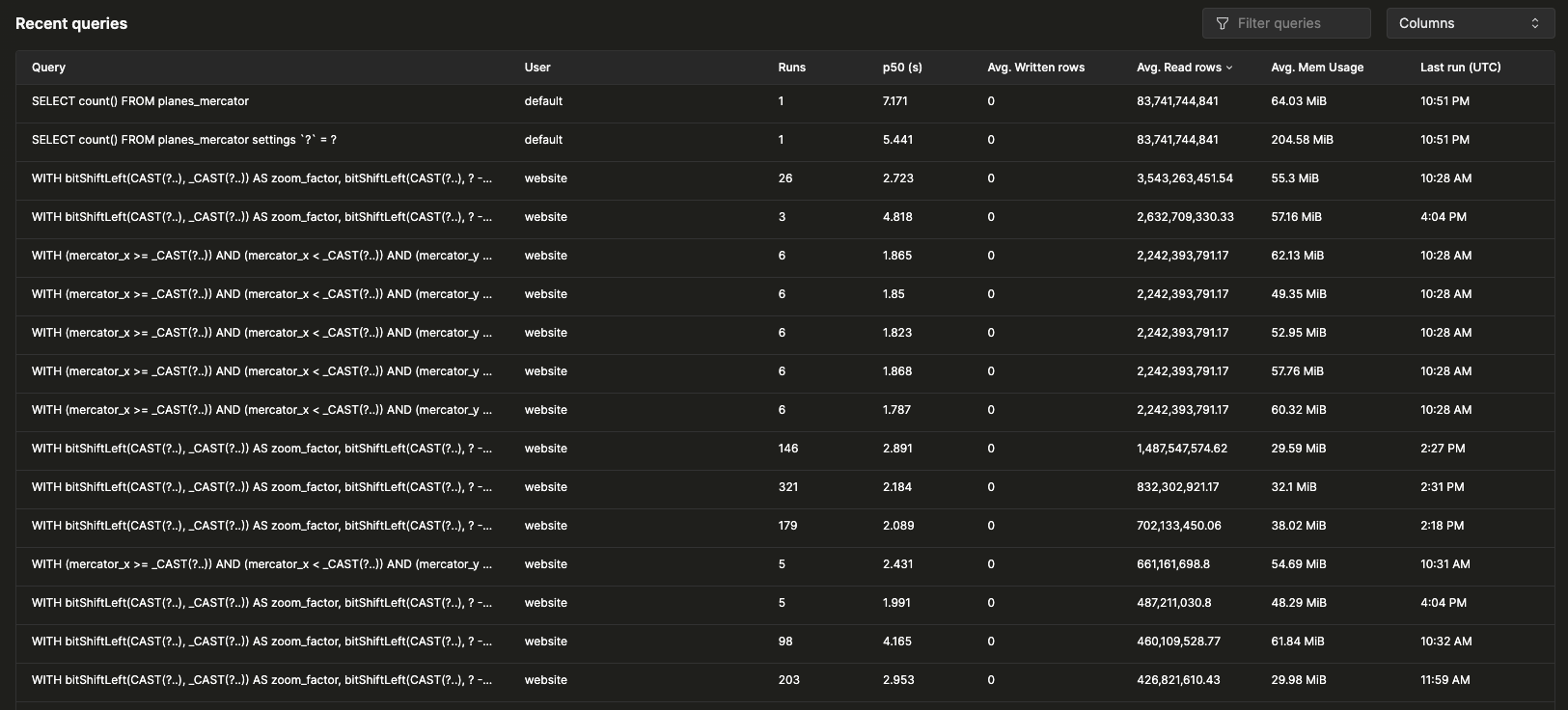 Query Insights UI Recent Queries Table